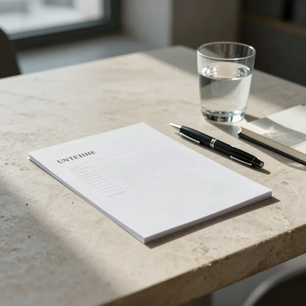 Hiring review items on a pale stone table with soft winter light and a water glass