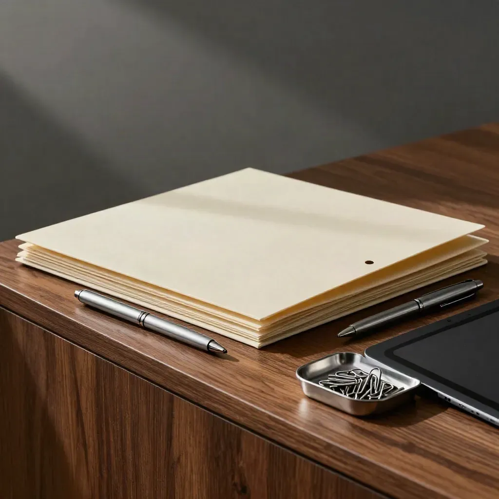Hiring kit on walnut with folders, a face-down tablet, pens, and paperclips in soft daylight.