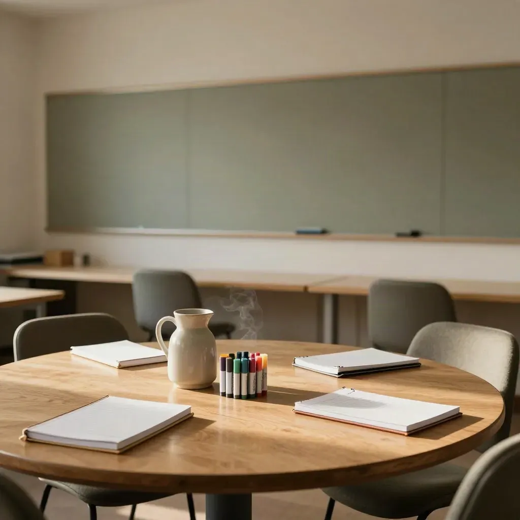 After-session workshop room with closed notebooks, capped markers, pushed-back chairs, and warm late light.