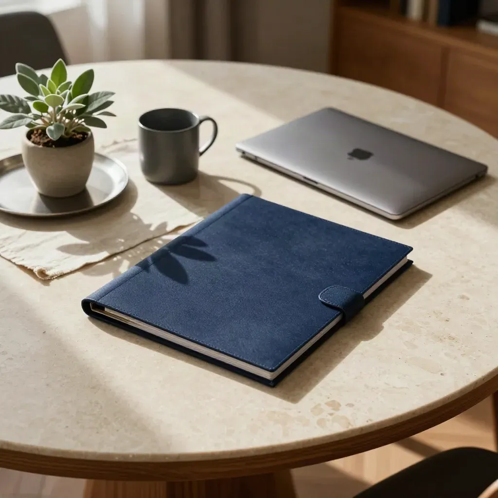 Overhead of a round table with an intake folder, closed laptop, mug, and plant in soft morning light.