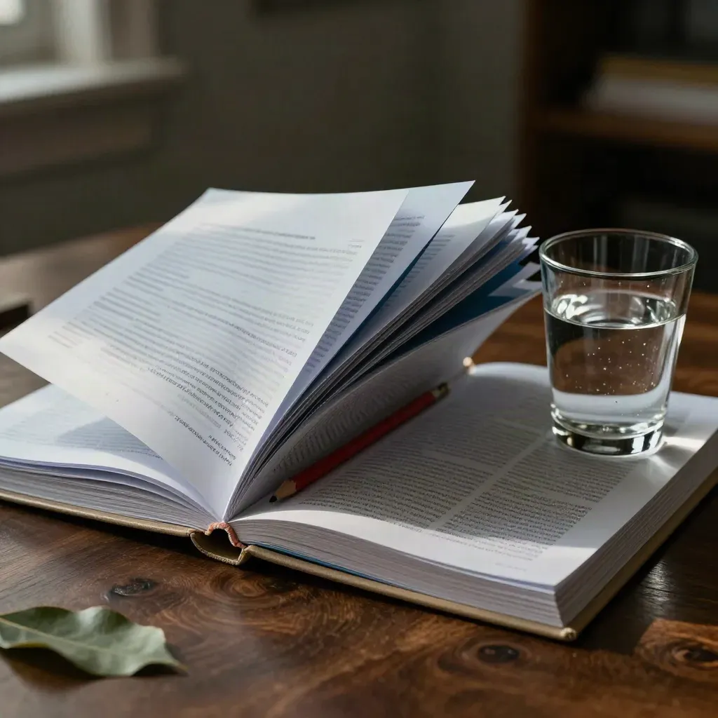 Opened policy binder with tabs, pencil, and water glass on a desk in soft daylight.