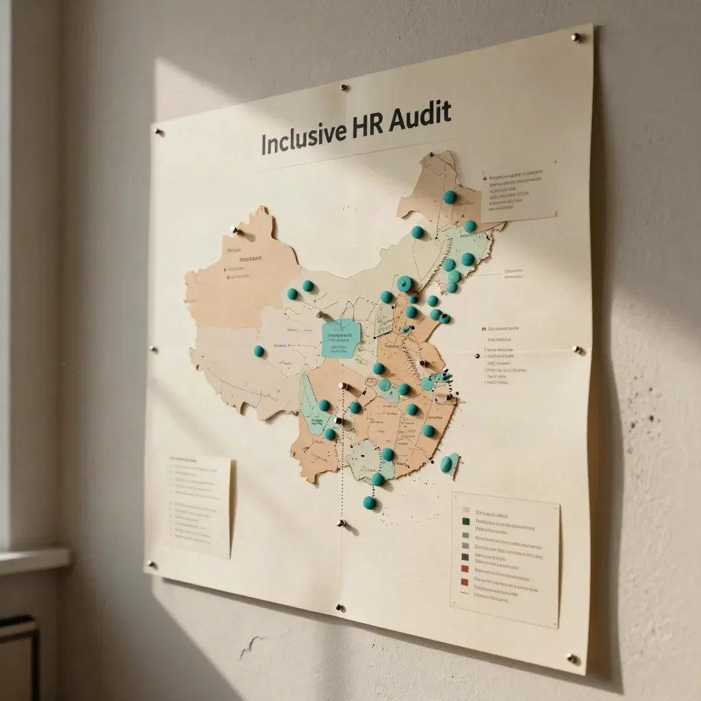 Wall-mounted culture gap map with pins, paper panels, and teal dots in warm daylight