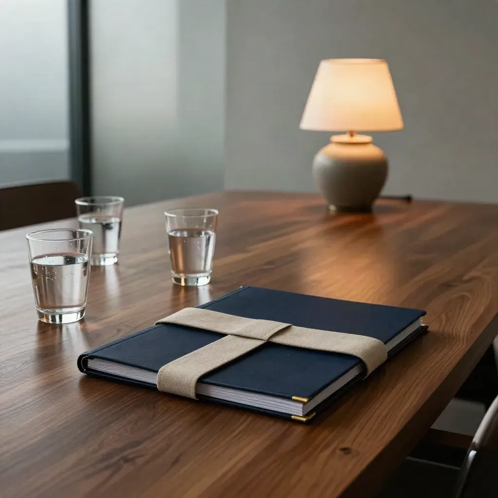 Briefing folio, water glasses, and a warm lamp on a walnut board table by frosted glass.